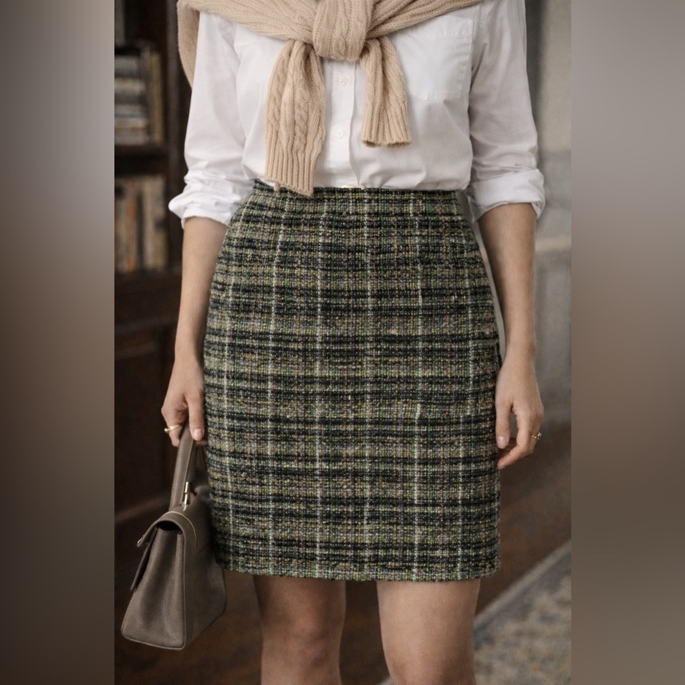 J.Crew Green Black Tweed Wool Pencil Skirt Size 6 | Plaid Textured Wool Blend